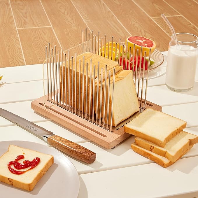 Bread Slicer, Stainless Steel Bread Slicer for Homemade Bread,Adjustable Bread Slicing Guide with Beechwood Bread Cutting Board for Loaf,Bagels & Baguette, Durable and Stable Wooden Structure