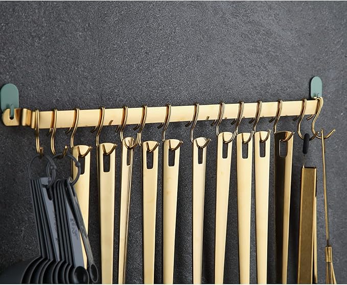 Kyraton Kitchen Utensil Rack, Kitchen Rack With Gold Titanium Plating,Rail Rack Organizer for Hanging Knives,Wall Mounted Gourmet Kitchen Rail with 14 Hooks