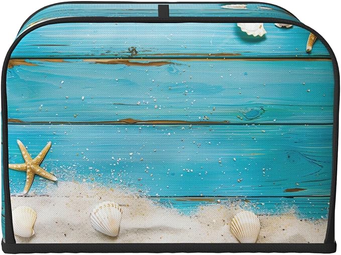Seashells Starfish Blue Wood Covers for 4 Slice Toasters,Cute Country Bread Machine Cover with Handle,Washable Stain Resistant Kitchen Small Appliance Cover Dining Decor