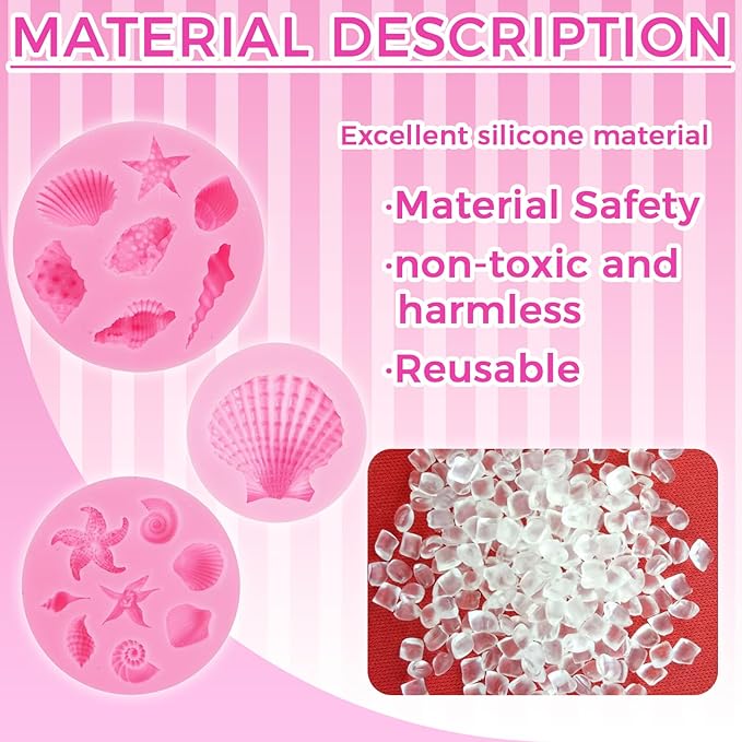 3Pcs Ocean Theme Cake Decorations Kit, Fondant Silicone Molds Set for Seashell, Starfish, Conch, Coral - For Candy, Chocolate, Clay, Resin Crafts