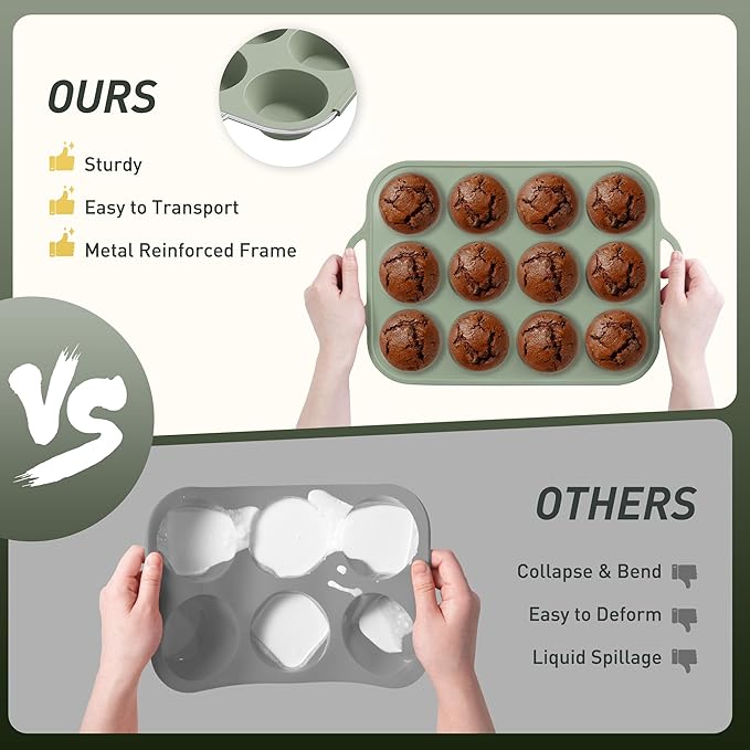2 Packs 12 Cups Silicone Muffin Pan with Metal Reinforced Frame Regular Size Cupcake Pan Tray Egg Bites Silicone Circle Cookie Molds Muffin Tin Tart Pans Baking Sheet Set for Breakfast Sandwiches