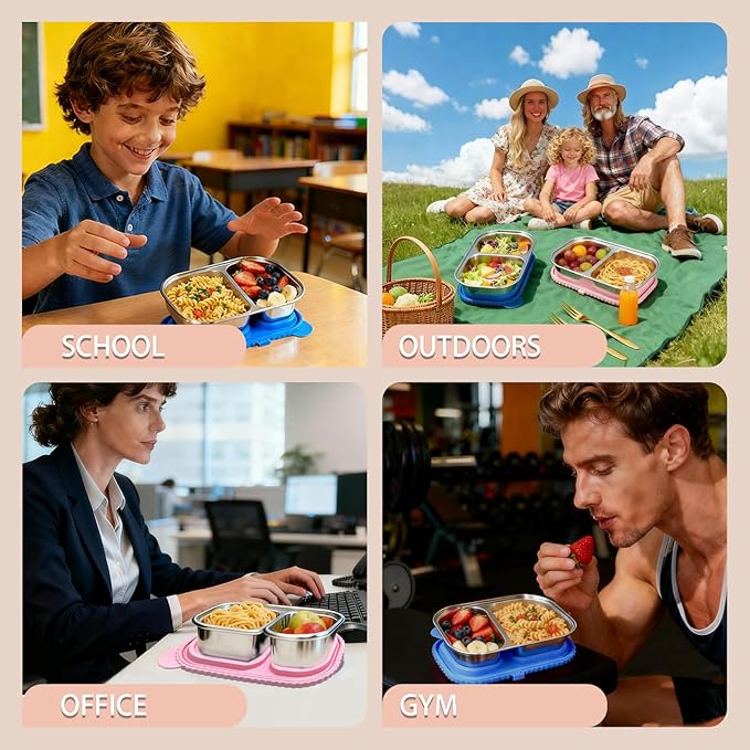Stainless Steel Snack Containers with Silicone Lids - 2 Compartment Metal Bento Lunch Box, Leak-Proof Reusable Lunch Meal Prep Containers with 2 Forks for School, Office, Travel (Blue+Pink, 2 Pack)