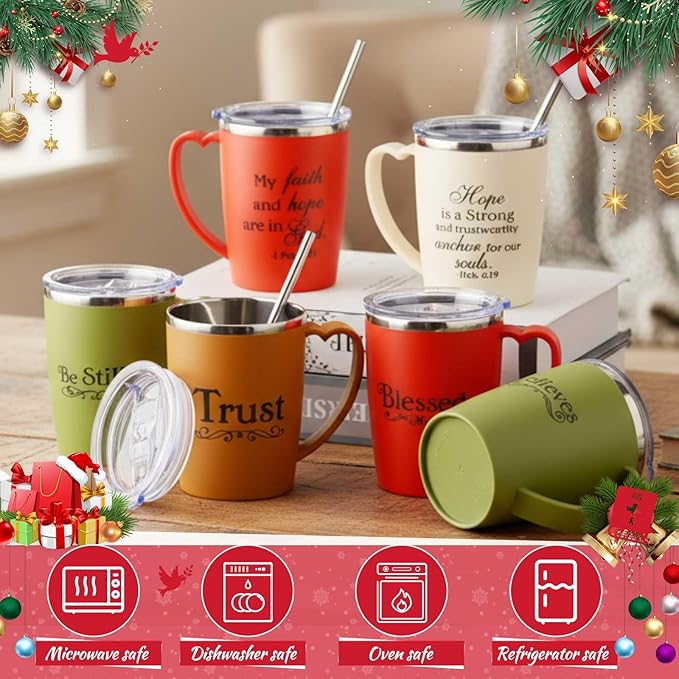6 Pcs Christian Coffee Mugs Bulk Large 16 oz Religious Tumblers Stainless Steel Insulated Cups with Handle Lid Straw Brushes Bible Verses Scripture Quotes for Women Men Church Gifts