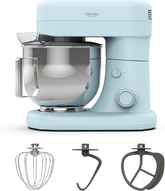Martha Stewart Tilt-Head Stand Mixer, 12 Speed, 5.3QT Stainless Steel Bowl, Splash Guard with Pour Chute, Whisk, Dough Hook, Flat Beater, Electric Kitchen Baking Mixer, Bread, Cake, Whip, Sky Blue