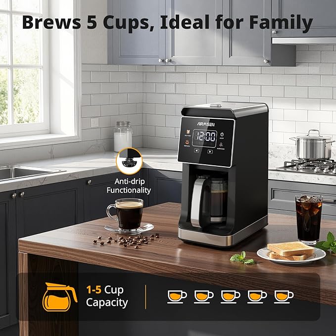 AIRMSEN Grind & Brew Coffee Maker with Built-in Grinder, Programmable Single Serve Coffee Maker - 5 Cup Capacity, 3 Grind Settings, Auto Keep Warm & Glass Carafe for Home and Office