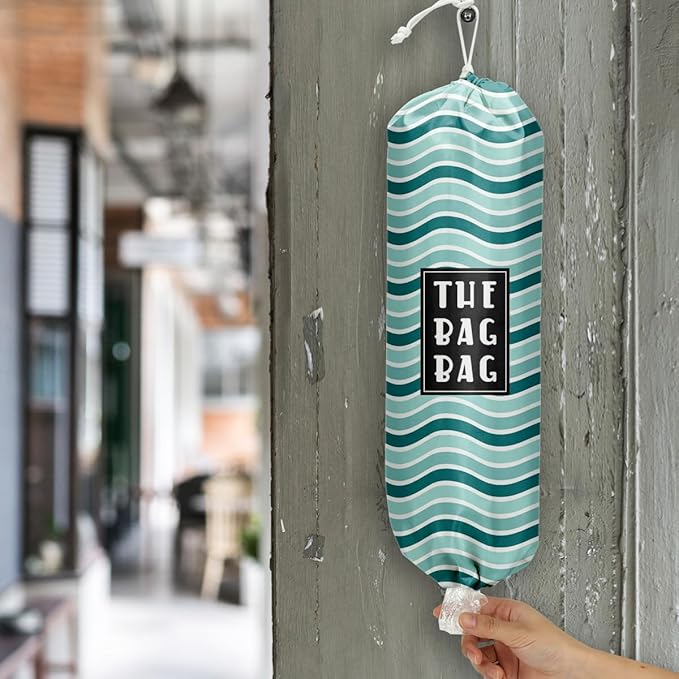 Plastic Bag Holder,Reusable And Washable Grocery Bag organizer,for Home Kitchen Travelling Camping Decor, use 1 Pack, Blue-Green Wavy Pattern Pattern