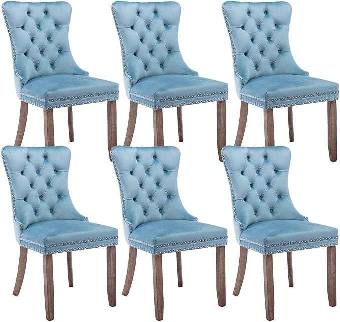 Upholstered Dining Chairs Set of 6, Velvet Dining Room Chairs with Back Ring Pull Trim and Solid Wood Legs, Tufted Wingback Kitchen Chair Perfect for Dining Room,Living Room,Kitchen(Light Blue)