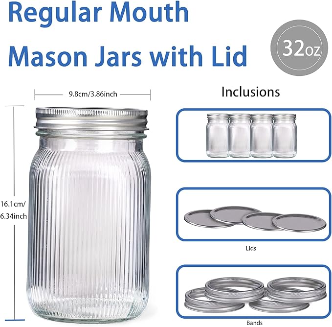 WELLIFE Clear Stripe Mason Jars 32oz-2Pcs