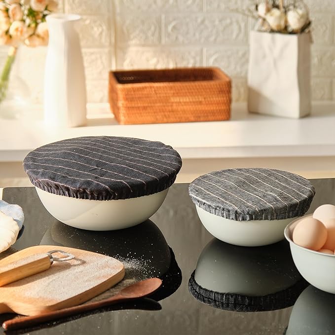 100% Pure Linen Bowl Covers For Bread Proofing, 4 Pcs Elastic Reusable Bowl Covers Large Ticking Striped Cloth Fabric Stretch Sourdough Lids, 6 * 8 * 10 * 12 Inches- Deep Blue