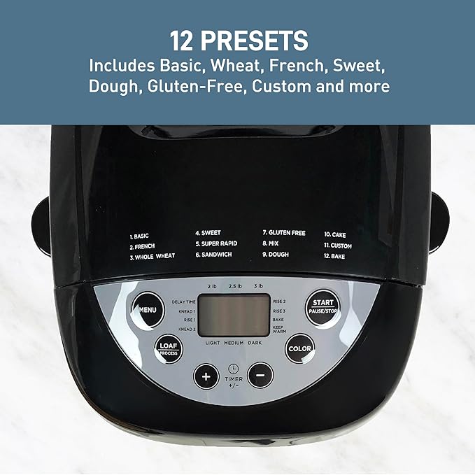 West Bend Hi-Rise Bread Maker Machine Programmable 12 Programs Including Gluten Free & 3 Loaf Sizes and Crust Colors with Traditionally-Shaped Horizontal Bread Pan with Dual Knead Blades, 3-Lb, Gray