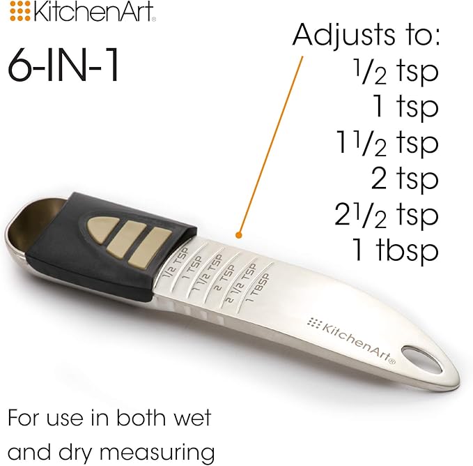KitchenArt Professional Series Tablespoon, Champagne Satin Measuring Spoon, Adjustable from 1/2 Teaspoon to 1 Tablespoon, White & Black