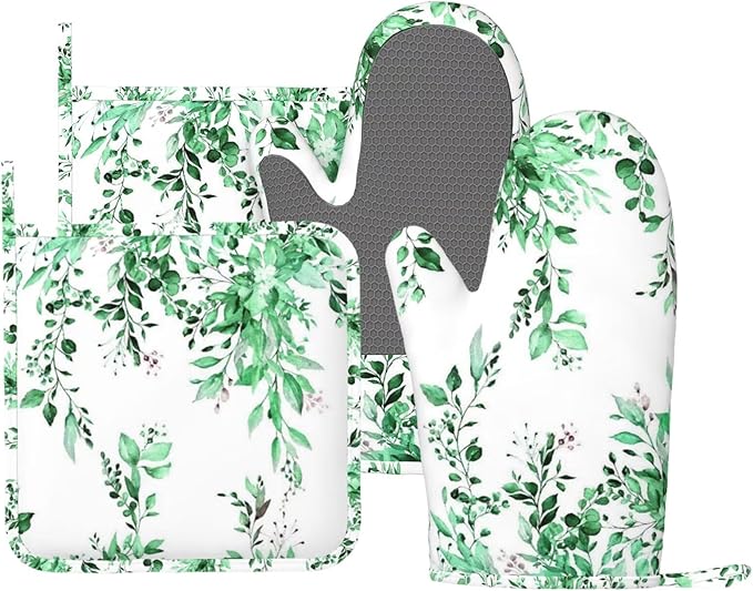 Green Eucalyptus Oven Mitts and Pot Holders Set, 4pcs Silicone Watercolor Plant Leaves with Floral Oven Glove for Kitchen Heat Resistant Oven Mitts and Potholders Non-Slip for Cooking