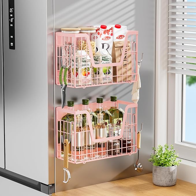 Pink Magnetic Shelf for Fridge, 2 Set Magnetic Fruit Baskets for Refrigerator Magnet Shelves, Potato and Onion Storage Bins, Magnet Holder Wire Basket for Laundry Room Pantry Kitchen Organizer