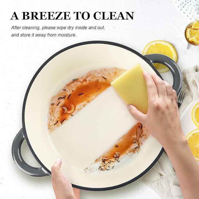 Overmont Enameled Cast Iron Dutch Oven - 4.5QT Pot with Lid Cookbook & Cotton Potholders - Heavy-Duty Cookware for Braising, Stews, Roasting, Bread Baking grey