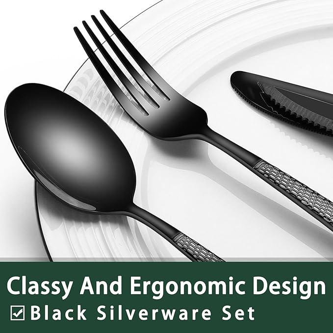 EWFEN 24-Piece Black Silverware Set with Steak Knives, Black Flatware Set for 4, Food-Grade Stainless Steel Tableware Cutlery Set, Mirror Finished Utensil Sets for Home Restaurant, Round Hammered