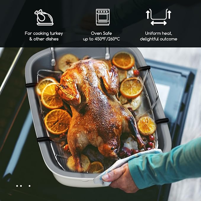 Turkey Roasting Pan, 17x13 Inch Nonstick Roaster Pan with Removable Rack, Turkey Baster, Meat Thermometer, Turkey Brine Bags, Ideal for Roasting Turkey, Meats & Vegetables (Cream&Silver)