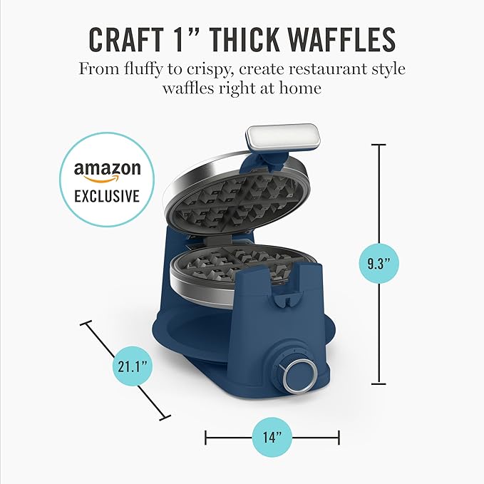 Martha Stewart Rotating Waffle Maker, 180° Flip Iron with PFAS-Free Nonstick Plates, Adjustable Timer, Ready Light, Drip Tray, Space Saving, Classic Round 7”, Easy to Clean, Stainless Steel, Indigo