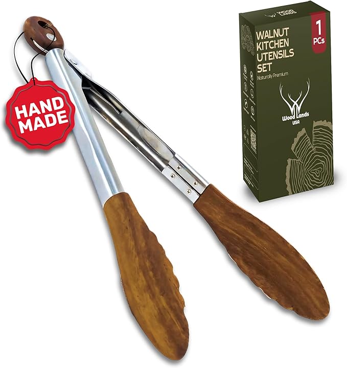 Walnut Wooden Tongs for Cooking - Premium Kitchen Set and Kitchen Utensils Tool, Heat-Resistant and Durable, Ideal Tongs for Cooking, Grilling, and Serving, Ergonomic Kitchen Tongs Design for Comfort