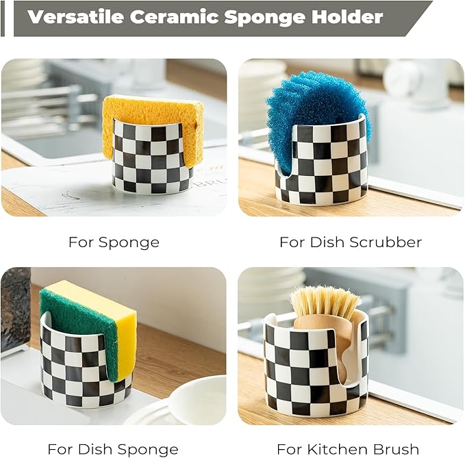 Checkered Kitchen Sink Sponge Holder, Dish Sponge Rack Ceramic Brush Holder Farmhouse Kitchen Drying Rack for Brush, Scrubbers, Bathroom, Sink, Black and White