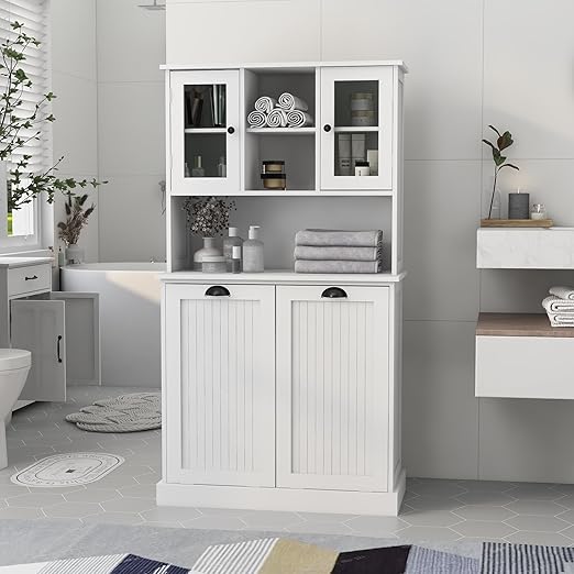 RASOO Tilt-Out Laundry Cabinet White Tall Bathroom Storage Cabinet Laundry Hamper with 2 Baskets and 3 Cabinets Upper Glass Doors Storage Cabinet