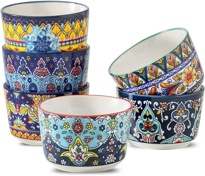 Glowworm Ramekins Oven Safe, 4 Oz Ceramic Creme Brulee Ramekins Set of 6, Souffle Dishes Pudding Custard Cups for Baking, Oven & Dishwasher Safe, Bohemian