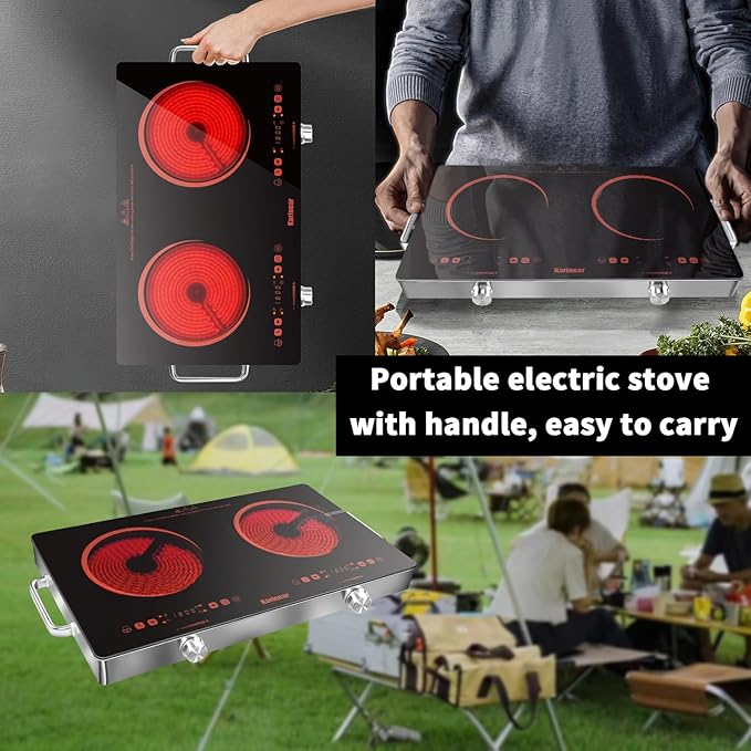 Karinear 2 Burner Electric Cooktop 110V, Portable Electric Stove with Handle, Knob Control Electri Hot Plate, Ceramic Countertop Burner, Timer, Safety Lock, 9 Power Level, 2000W, 24 inch(Gold)