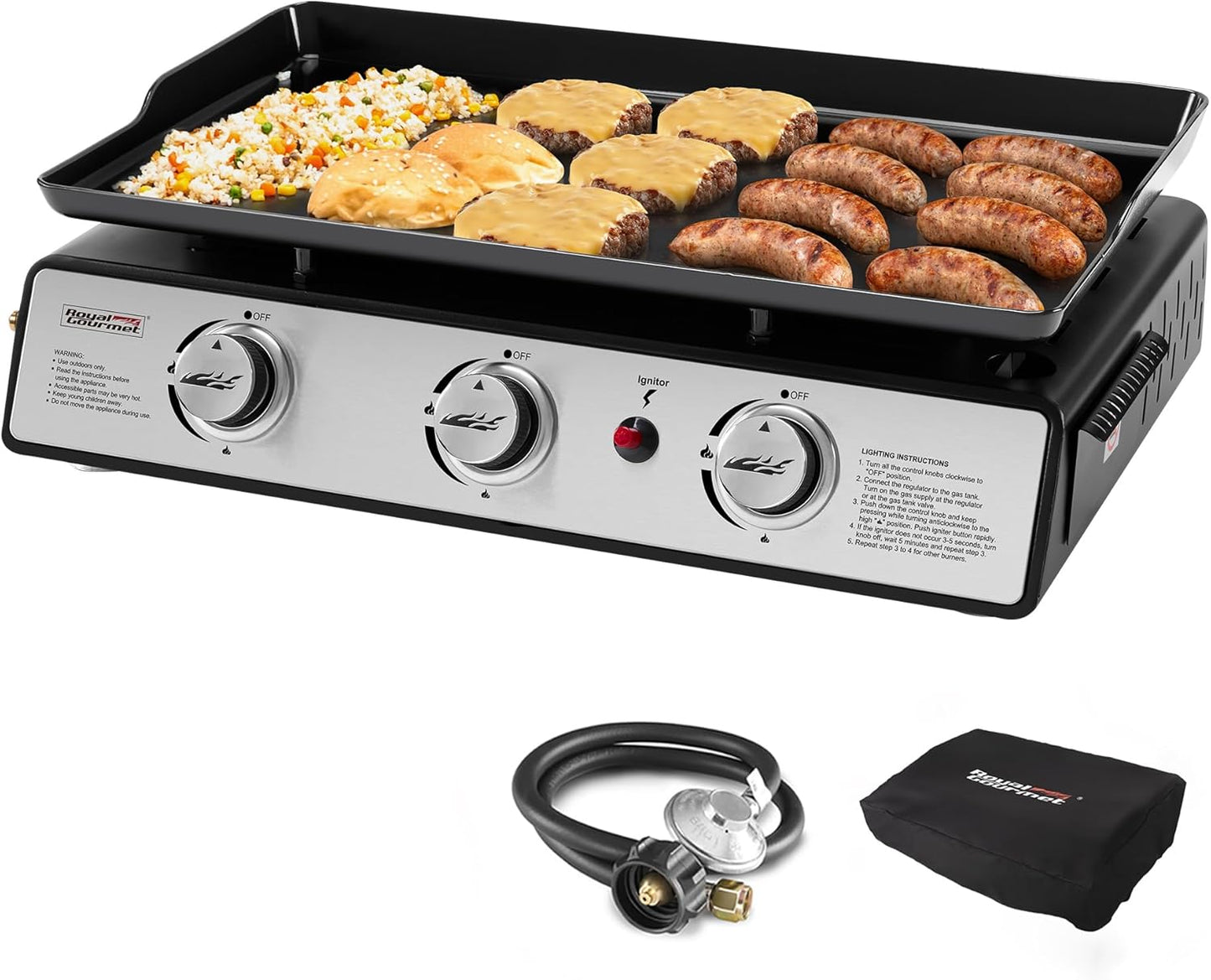 Royal Gourmet PD1301S Portable 24-Inch 3-Burner Table Top Gas Grill Griddle with Cover, 25,500 BTUs, Outdoor Cooking Camping or Tailgating, Black