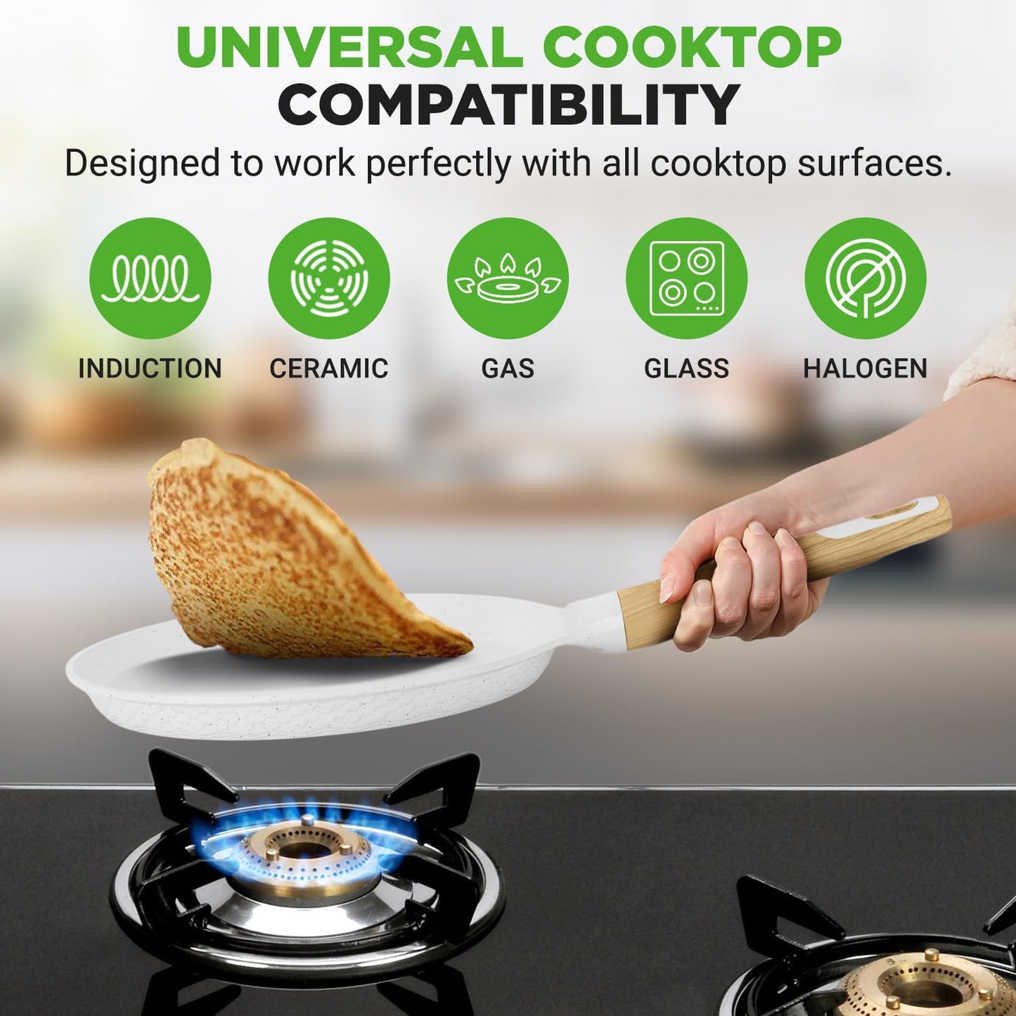 Nutrichef 2-Pack Non-Stick Crepe Pan Set, 9.4" Marble Coated Dosa Pans with Wooden Spreaders, Bakelite and Wood Handles, Induction-Compatible, Dishwasher Safe, Even Heat Distribution, White Cream
