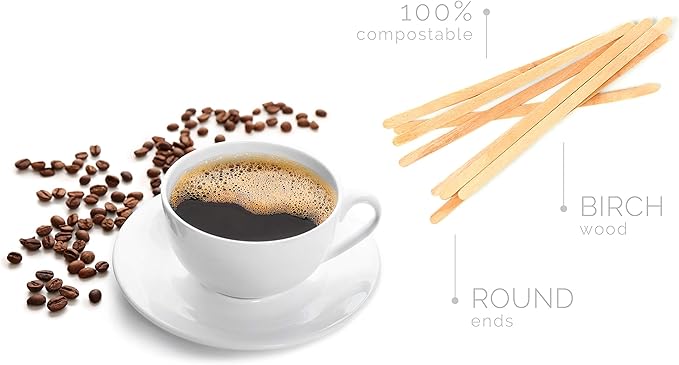 Wood Coffee Stirrers Stir Sticks - 500 Biodegradable Disposable Wooden Beverage Mixer with Round Ends, Made with Natural Birch Wood, Eco-Friendly BPA Free Swizzle Drinks Sticks (7.5 Inch 500 Count)