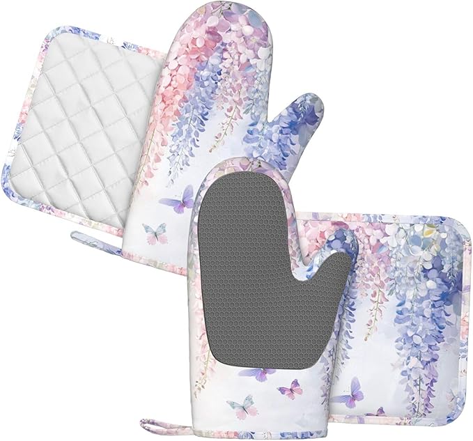 Oven Mitts and Pot Holders Botanical Flower Butterfly Silicone Kitchen Accessories Set of 4 Heat Resistant Long Gloves Potholder Non-Slip Grip for Chef Cooking Baking Grilling BBQ