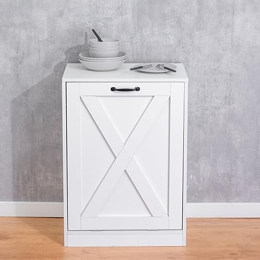 13 Gallon Wooden Tilt Out Trash Cabinet Hidden Trash Can Kitchen Recycling Cabinet Laundry Cabinet for Kitchen, Living Room (White)