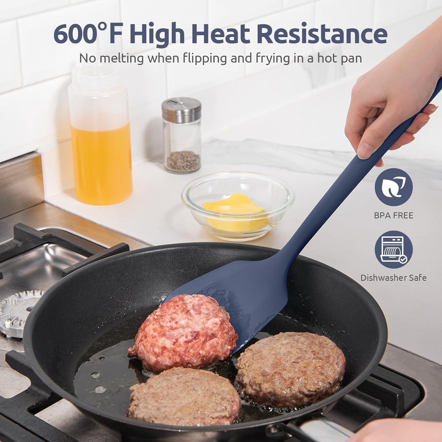 600ºF Heat Resistant Silicone Turners: U-Taste 13.6in Long Solid & Slotted Kitchen Spatula Flipper, Food Grade Wide & Large Flexible Cooking Utensils for Flipping Eggs, Pancakes (Midnight Blue, 2PCS)