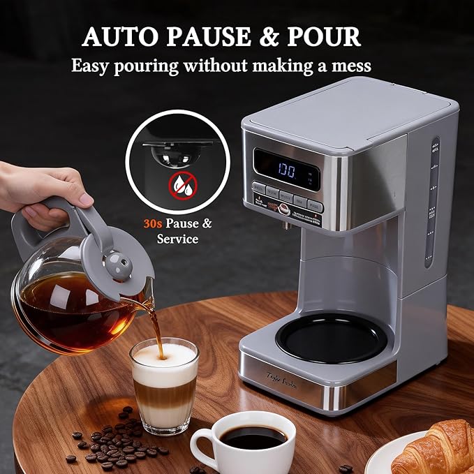 Taylor Swoden Programmable Coffee Makers 12 Cup, Hot and Iced Coffee Maker, 4 Brew Strength, LED Display, 24H Timer, Keep Warm&Auto Shutoff- Drip Coffee Machine for Home/Office, Gray & Stainless Steel