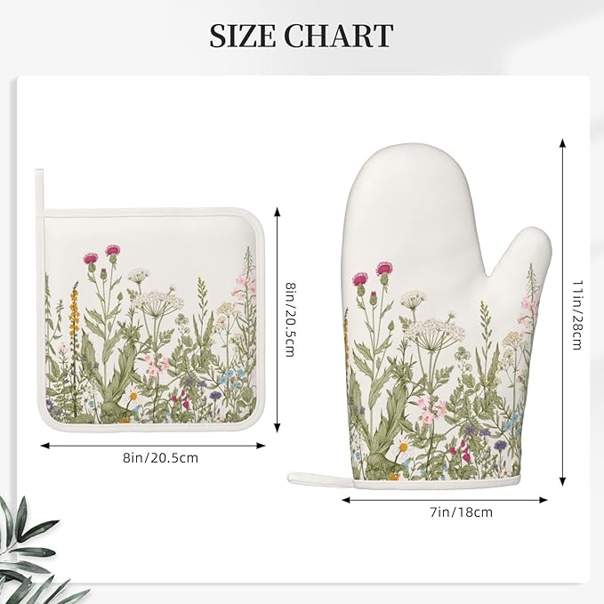 Wildflower Botanical Oven Mitts and Pot Holders Set Silicone Heat Resistant Floral Plant Herbs Sage Green Leaves Kitchen Gloves Set Kitchen Mittens Pot Holders for Cooking Baking Grilling