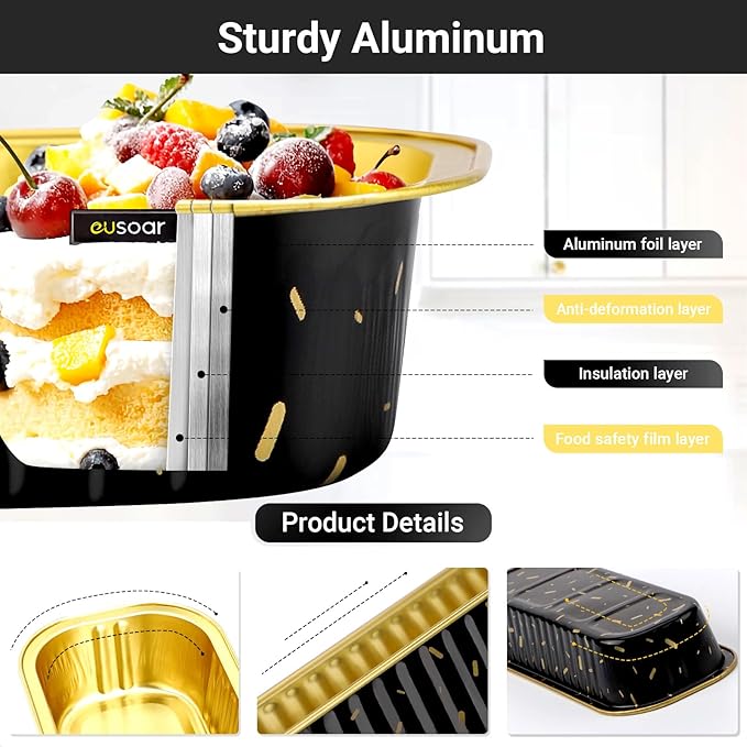 EUSOAR Disposable Mini Loaf Pans with Lids, 100pcs 6.8oz 6.5"x2.5"x1.2" Aluminum Foil Tin Baking Cups, Cupcake Dessert Cups Cheesecake Creme Brulee Ramekins Pan for Wedding Shower