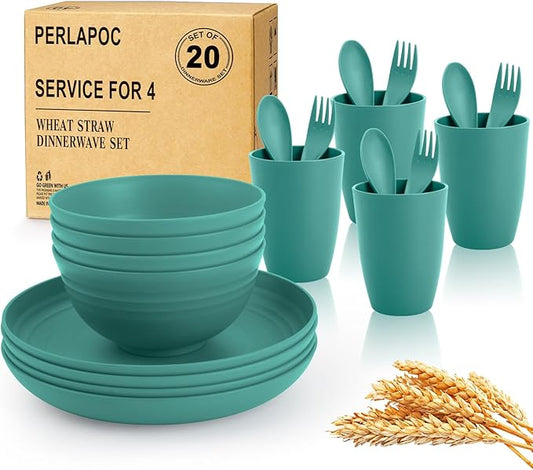 Wheat Straw Dinnerware Sets for 4, 20 PCS Unbreakable Lightweight Kids Plates and Bowls Sets, Dishwasher Microwave Safe Dinnerware Set, Perfect for Kitchen Dorm Camping Outdoor - Green