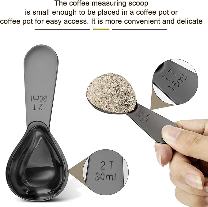 Safring Stainless steel coffee scoop 2-piece set (1 tbsp, 2 tbsp) durable Tablespoon, ergonomic measuring spoon, Suitable for small and large jars，short-handled spoon (Black)