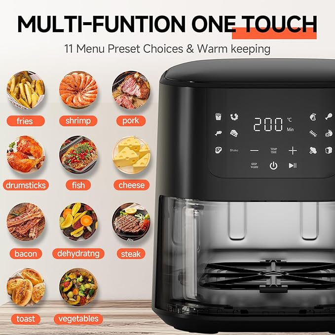 QIDO Air Fryer – 5 QT Compact Airfryer for Quick & Easy Meals in Minutes, 180°- 450°F Precision Heating, Touchscreen Controls with Auto Menus, Nonstick & Dishwasher Safe Basket - Black