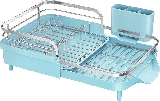 SAYZH Dish Drying Rack - Expandable Dish Rack for Kitchen Counter, Rust-Resistant Dish Drainer with Utensil Holder and Raised Guardrail, Kitchen Organizer for Cup and Bottle (Blue)