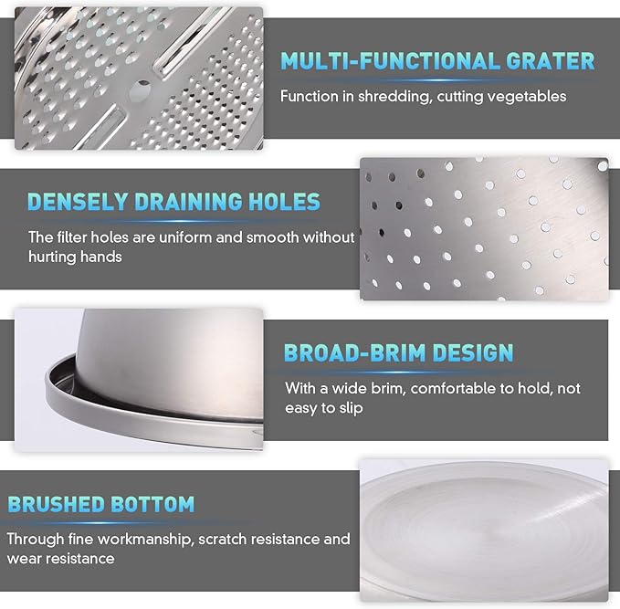 Cabilock Graters for Kitchen Handheld Stainless Steel Drain Basket Vegetable Cutter 3 In 1 Kitchen Multipurpose Grater Salad Bowl For Home (Silver) Colanders & Food Strainers