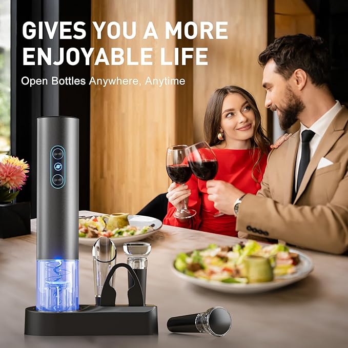 Electric Wine Opener, Rechargeable Cordless Wine Accessories, Stainless Steel Cordless Automatic Wine Bottle Corkscrew with Vacuum Stoppers, Foil Cutter for Home Party Wedding, Bars(Gray)