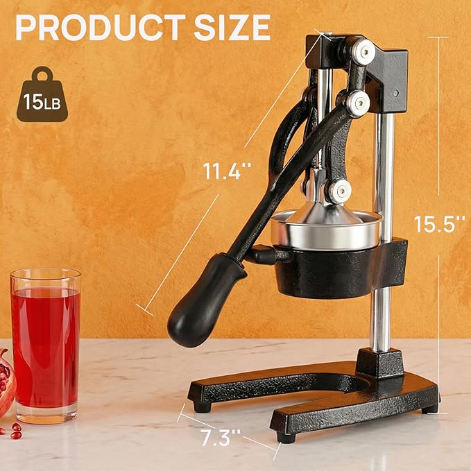 Kitchen Cast Iron Citrus Juicer,Manual Hand Press Orange Juicer,Heavy Duty Countertop Squeezer for Lemon,Orange, Easy to Use & Clean（Black)