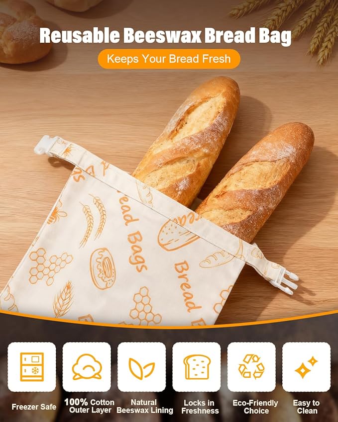 Reusable Bread Bags for Sourdough - Beeswax Cotton Bread Bags for Homemade Bread, Thicker Cloth Design for Freezing to Keep Bread Fresh, 2 Pack XL 17x13 Inch