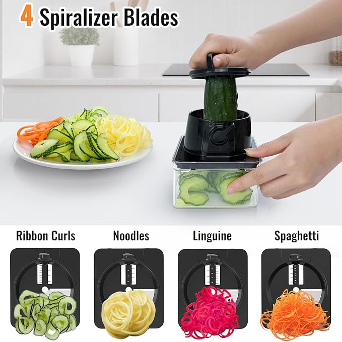 12 Blade All-in-1 Vegetable Chopper Mandoline Slicer with Container, Spiralizer with Containers, Food Chopper, Onion Chopper, Veggie Cutter for Salad, Kitchen Gadgets Accessories Essentials, White