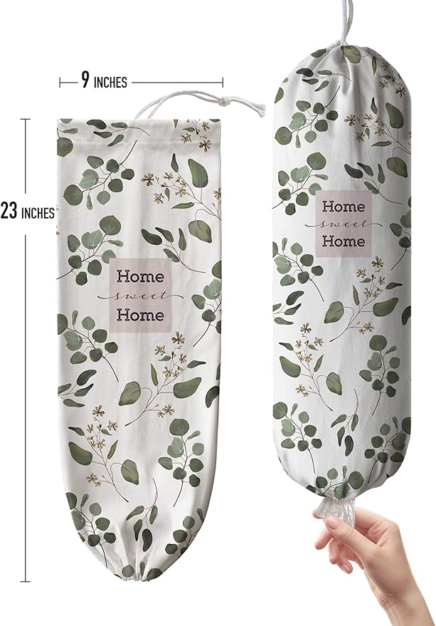 Hglian Grocery Bag Storage Dispenser,Eucalyptus Leaves Plastic Bag Holder,Garbage Shopping Trash bags Carrier Organizer,Farmhouse Sweet Home Kitchen Decor,Gifts for Women Grandma Mom