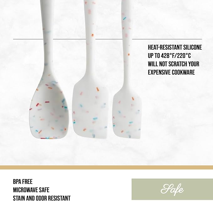 Trudeau Confetti Silicone Utensil Set – 11" Spatula, 11" Spoonula & 8" Small – Reinforced hybrid flexible silicone, BPA-free, heat resistant to 428°F, ergonomic & dishwasher safe.