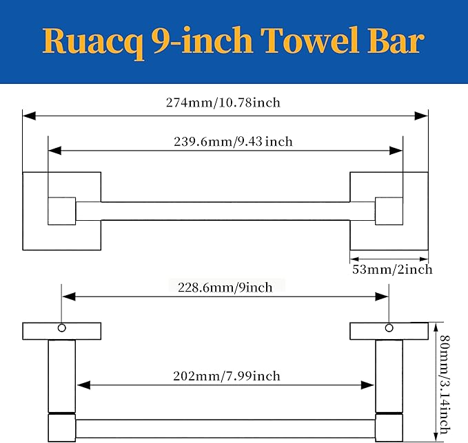 RUACQ Hand Towel Holder, 9 Inch Hand Towel Bar for Bathroom Wall Mounted, 304 Stainless Steel Towel Rack with Square Base(Brushed Nickel)