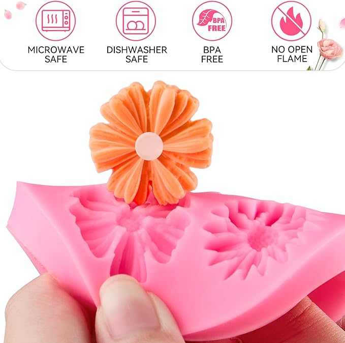 Puyeipt 4 Pcs Flower Silicone Fondant Molds, Daisy Rose Flower Chocolate Candy Molds for Cupcake Topper, Cake Pop Decoration and Clay Craft Making