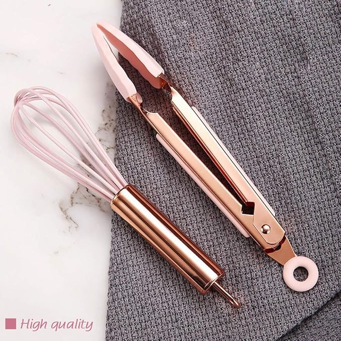 Collfa Rose Gold And Pink Kitchen Utensil Small Five-Piece Set Mini Silicone Kids Kitchen Tools Whisk Spatula Tongs Spoon And Slotted Spatula(Kids Baking Supplies)