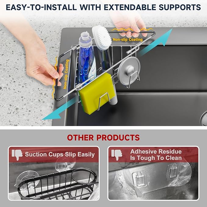 NiHome Extendable Arm Stainless Steel Kitchen Sink Corner Caddy, Easy Install Space-Saving Adjustable Sponge Holder for Most Square Standard Sinks, Non-Slip Rust-Resistant for Brushes, Soap, Sponges